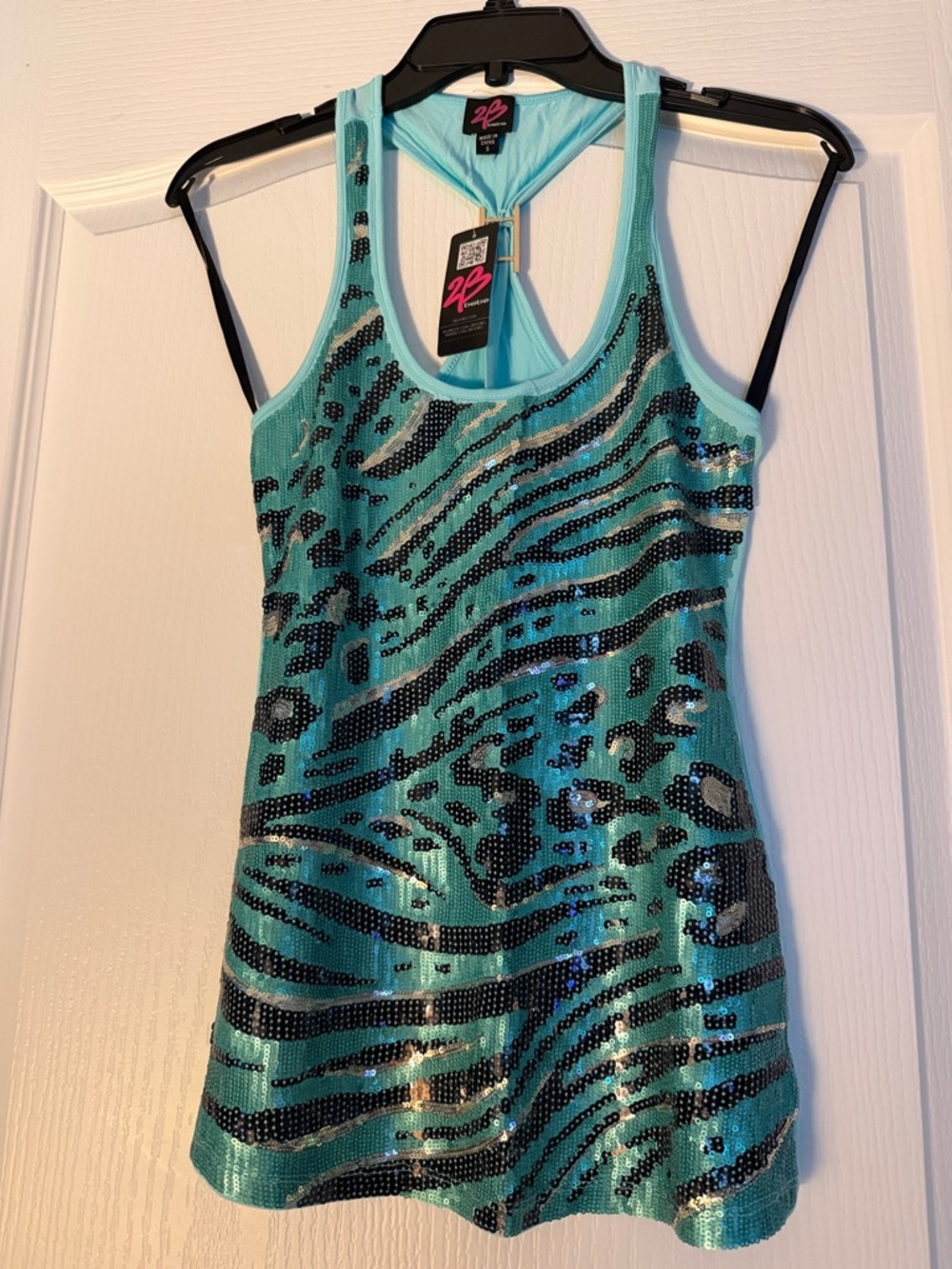 2B Bebe Turquoise Sequin Zebra Print Racerback Tank